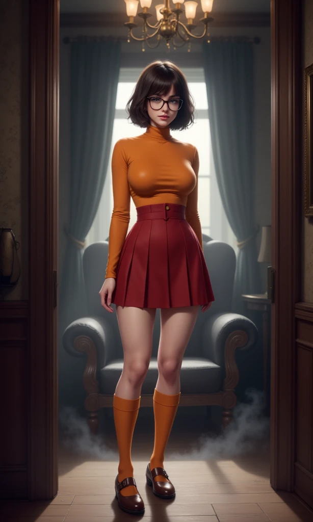 Perverted face girl, Velma from Scooby Doo anime, western facial features, short black hair, short orange orange blouse (crepe), very sensual, very sensual red high school mini skirt, running from a show, large breasts, torn clothes, submissive look, perverted smile, glasses, short black glove, cemetery, fog, dark, 3 am, cloudy night, Horror weather, dawn, crosses, suspense, (masterpiece, blurred background, natural lighting, depth of field, ultra detailed and realistic photography, 100mm lens), film scene style
