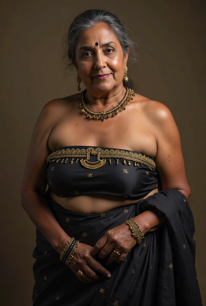 Nsfw, close up photo of happy naked 60 years old indian woman gray short hair, milf, jewellery and necklace, small bindi and maang raksha, walking on fashion show runway, day scene, hourglass figure, seductive face, look at camera and seduce, erotic adult face, completely naked, exposed breasts, hairy vagina