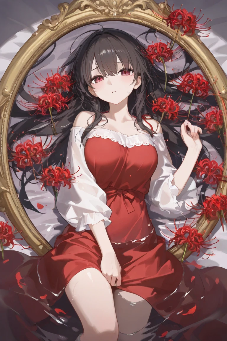 1 girl , long black hair, Red eyes, white wedding dress , big breasts, clear skin, happy face