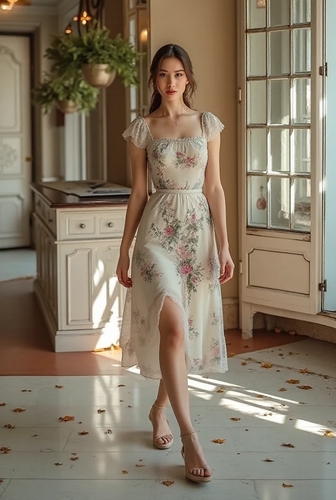 a whomen in a white dress with white tulips stands by the window, realism