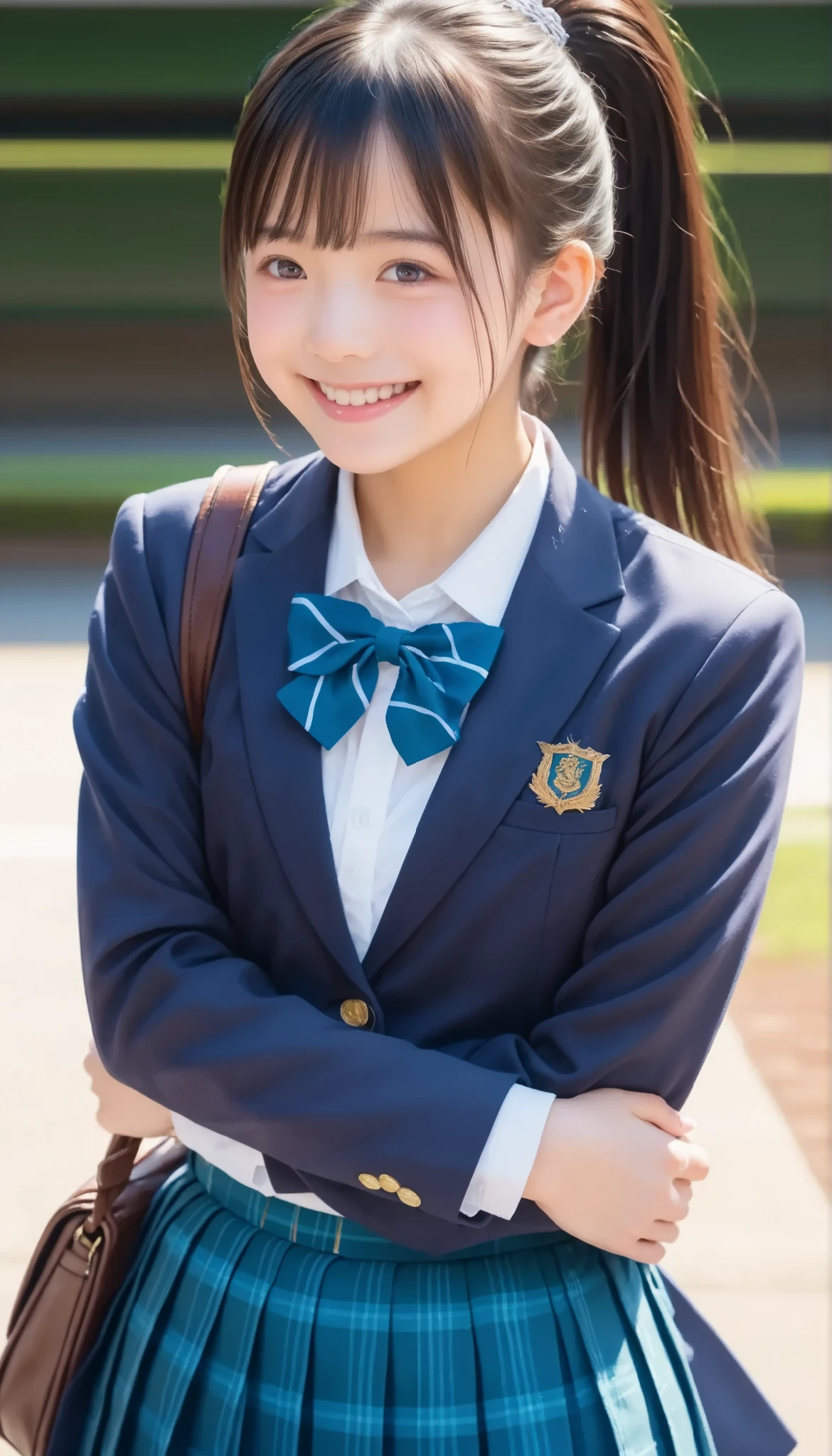 score_9,score_8_up,score_7_up,Super Detail,absolute resolution, detailed and beautiful face and eyes,hyperreal,beautiful girl,black hair,high ponytail,realistic wheat skin,has an embarrassing smile,schools uniform,blazer, pleated skirt, in middle school,前かがみ,crossing his arms on his back,From a viewpoint,viewers on their chest,schools