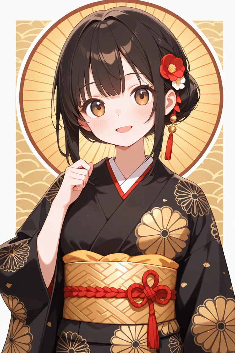 Masterpiece,A high resolution,Breasts, Fox tail, 1girll,Animal_hor ears,Smile, Looking_at_peeping at the viewer, Blush, Hair_flower, arma,Black hair, Japanese clothes, Simple background,, Masterpiece, Best quality,