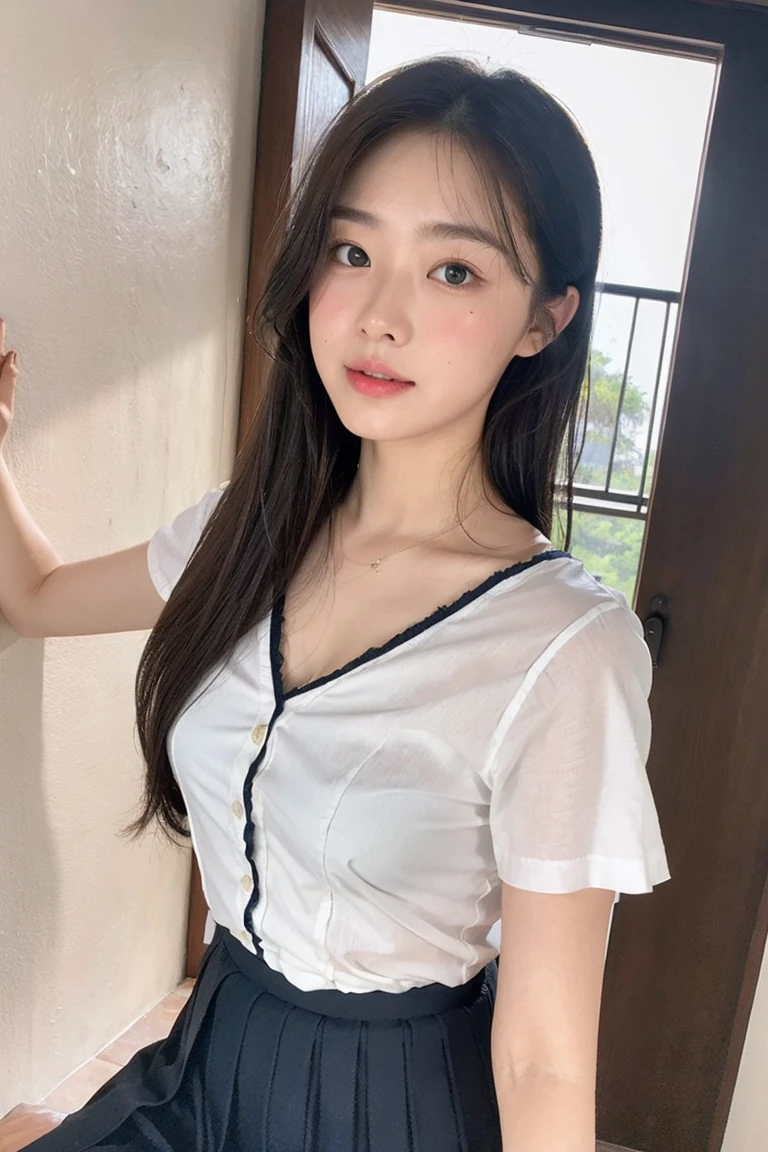 8K, Highest quality, masterpiece, Ultra-high resolution, (Realistic:1.4), whole body、RAW Photos, ((Long brown straight hair, See-through bangs))), Beautiful Details 1 Girl, (Realistic:1.4), High-resolution RAW color photos, Professional photos, Highly detailed eyes and face, Natural light, Facial details, White skin, Shiny skin, Tight waist, Small Ass, Thin legs,Natural Breasts, Nice body, cafeteria、((White one-shoulder shirt、Navy blue mini skirt 、Wearing glasses))、Young round face、Trying to put my shoes back on、
