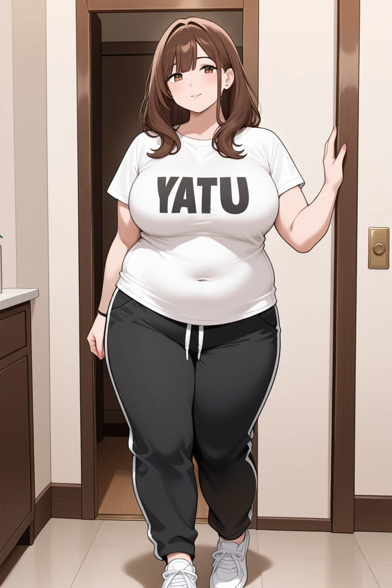 (((kipteitei art))), ((masterpiece)), (((best quality))), ((ultra-detailed)), (((illustration))), detailed face, detailed body, ((1girls)), ((solo)), ((Line art)), (in the style of cell shaded), (vivid colors), skindentation, medium hair, brown hair, ponytail, (((fluffy hair))), looking at viewer, surprised, shocked, embarrassed, worried, tee shirt, blue jeans, skirt, (undersized clothes), ((tight clothes)), ((collage hallway)), medium breasts, cleavage, perky breasts, ((pudgy)), belly hang, (fat folds), ((belly grab)), tummy bulge, soft body, gaining weight, ((wide hips)), (((thick thighs))),