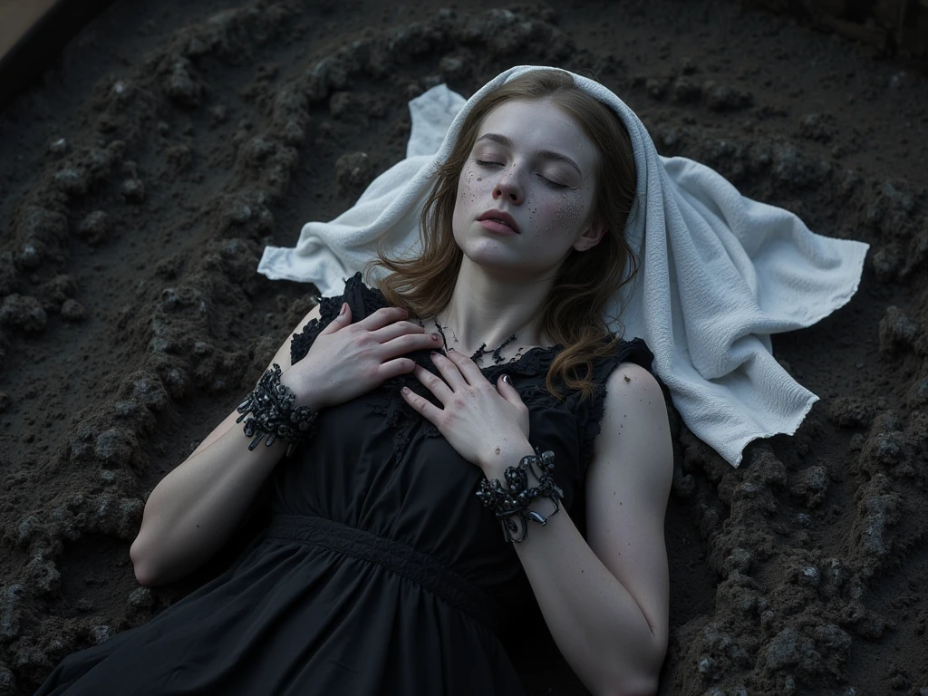 ((Jeremy Lipking style)) ((Nicola Samori style)) woman buried in the ground, very ugly sad woman, ((long black dress)), front, sky, field)), hair up, (oil on linen), (photo from nikon d800, 50mm
lens), focus, ((woman with legs buried in the ground))