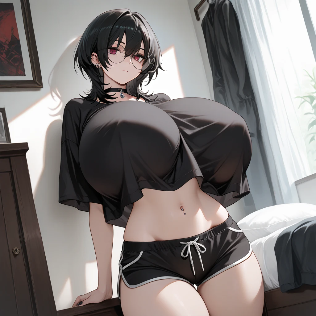 girl with f cups with tight short yoga pants tightly put on her thick ass with thick thighs and thigh highs with a camel toe with black hair and black eyes and she is turn to the viewer with a short tight shirt that is a huge neck where there is a lot of cleavage in the boob area