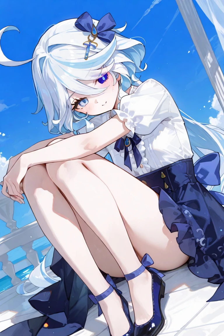 ginka,1girl, suspender skirt,beautiful detailed sky,beautiful detailed water,mountain,rainy days,yokozuwari,dress,sailor collar,  butterfly hair ornament, barefoot, looking at viewer, ahoge, white hair,ahoge<lora:ginkastest:0.6>