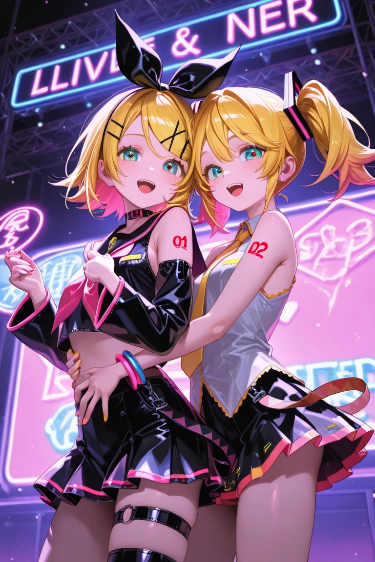 (masterpiece, best quality), best resolution, (2heads:1.5), 1girl, sakura miku character, cheerleader, pink hair, blue eyes, open mouth, energetic, cheery, black and gold cheerleader outfit, cheering pose, football stadium, night