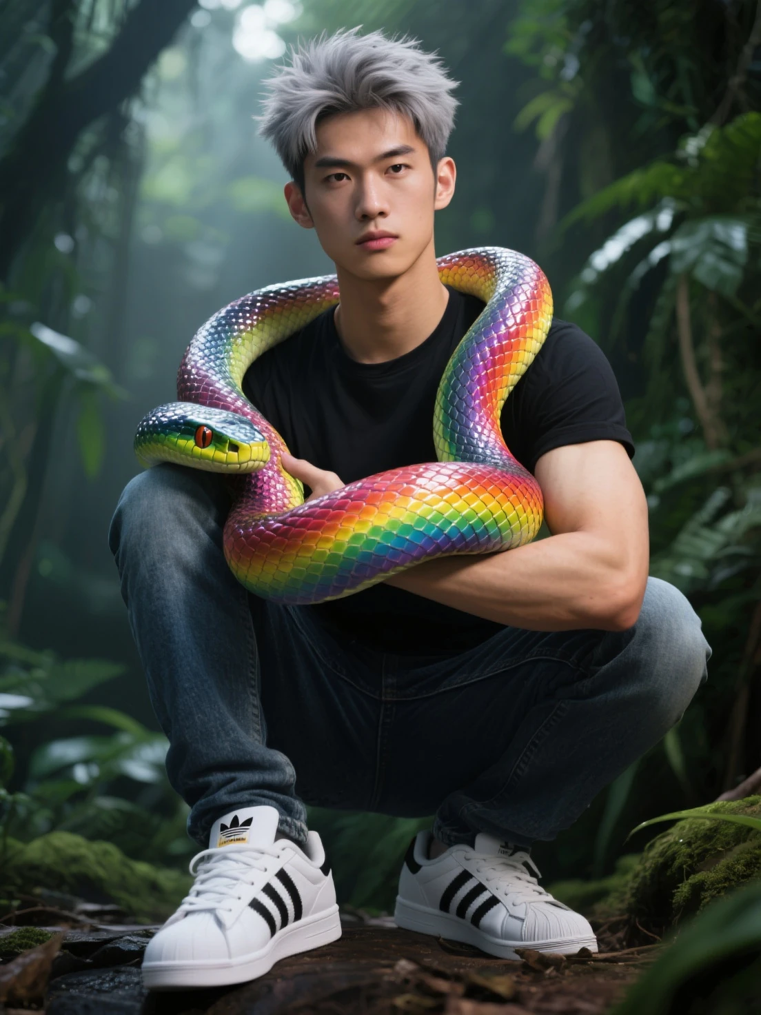Korean man , teenager, latex、translucent snake print ,Green Snake pattern Bodysuit、bulge , Visible up to the legs、whole body , realistic good looking Korean face , Natural Muscle , Beardless face、masterpiece、High resolution、Hyperrealism、Detailed face、alone、male、Glowing Skin、(Asian)、(young、teenager)、good looking、Detailed Background、good looking , sexy , nsfw , eroticism