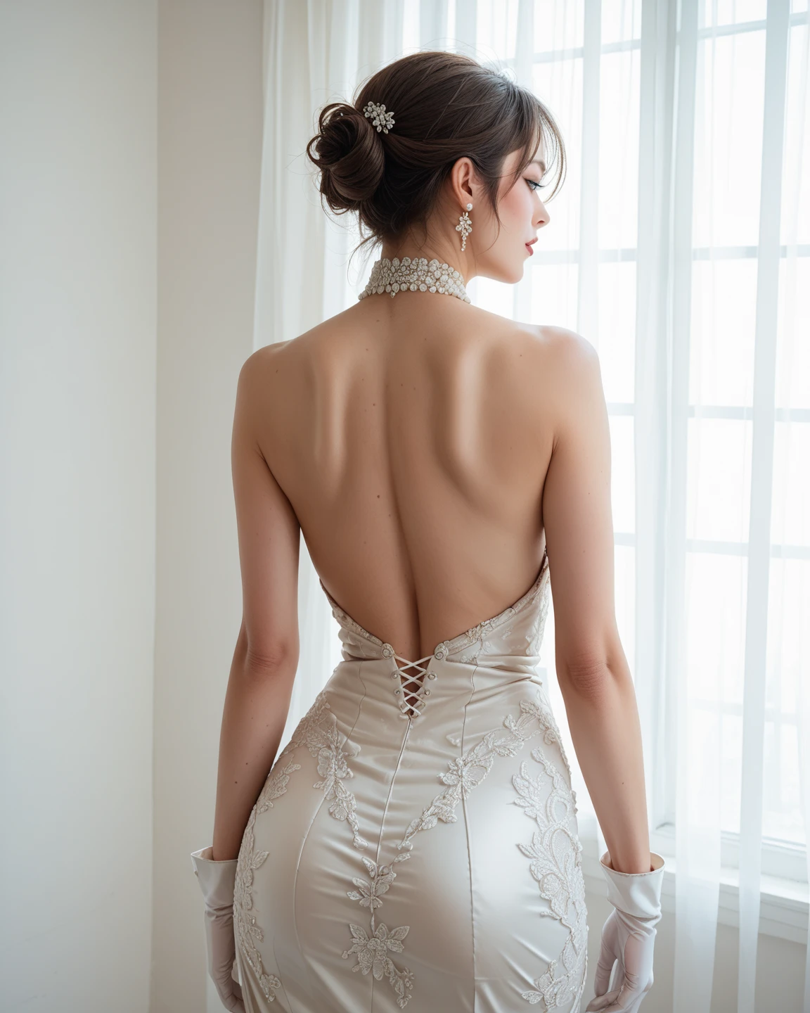 (best quality, high definition, masterpiece:1.2,), Illustration, night, 1girl, full body, (wedding dress), arm behind back, waiting for kiss, looking at viewer, happy, blush, big breasts, slender body