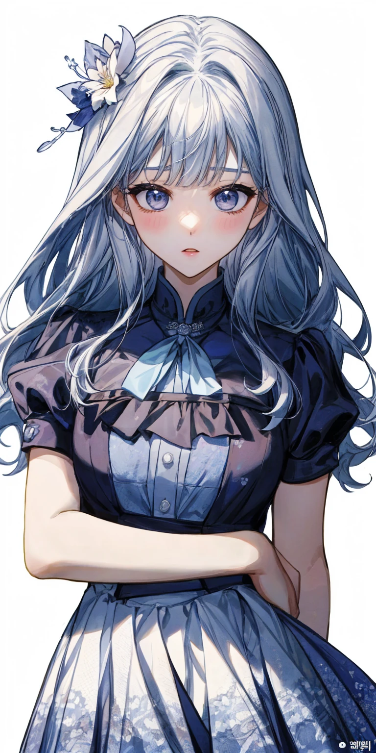 <lora:XL_æ··ä¹±çº¿æ¡(a3):1.2>,hunluanxiantiao style,1girl,solo,long hair,blue eyes,white background,shirt,simple background,sweater vest,short sleeves,upper body,white shirt,blush,from side,hair between eyes,profile,hand on own chest,eyebrows visible through hair,school uniform,breasts,collared shirt,bangs,closed mouth,vest,silver hair,blonde hair,medium breasts,parted lips,, masterpiece,best quality,