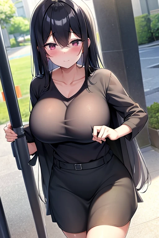 Anime - style image of a woman in a black outfit and glasses, Chic, with a big chest, oppai proportions, oppai, (SFW) safe for work, SFW huge breasts, Big breasts!, Chest covered、SFW, an oppai cyberpunk, anime moe art style, Hinata Hyuga, Big breasts!!, with large breasts, marin kitagawa fanart, Voluptuous body, curvy body, Tifa Lockhart, Naughty anime style, plus size model, Scruffy body,Erotic cartoon style body, Married woman's big ass,Eros of a married woman, Married woman style, Married woman atmosphere