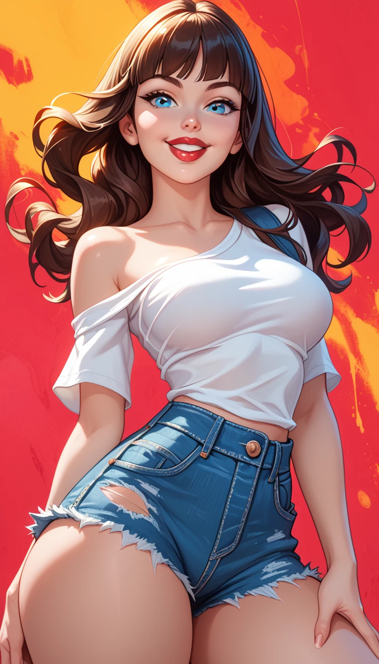 Score_9, Score_8_up, Score_7_up, 1 girl, black curly hair, green eyes, curvy figure, smile, red polo shirt, jeans, cleavage, big bust, sneakers, simple background, White background,