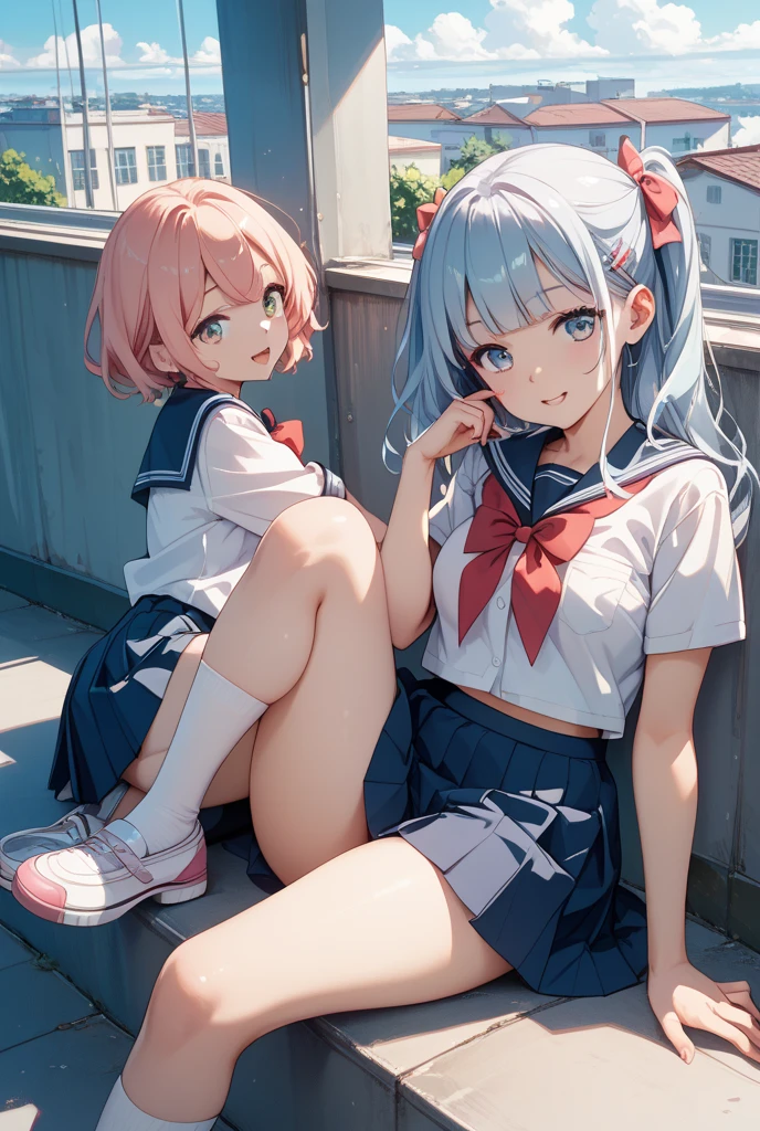 Cute light blue bra、Plain whiteＴshirt、Bright red jacket、A white and blue checked miniskirt that&#39;s so short you can see her underwear、She lifts her skirt with both hands to show off her cute white underwear、barefoot、With a rifle on his back、tiara、A boy in gym clothes hugs me and kisses me