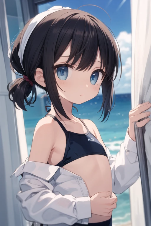 女の子1人、a matural female、the bow、The bikini、a picture、realisticlying、top-quality、adopt、A detailed face、mare、细致背景、diffuse sunlight、depth of fields、Bokeh、