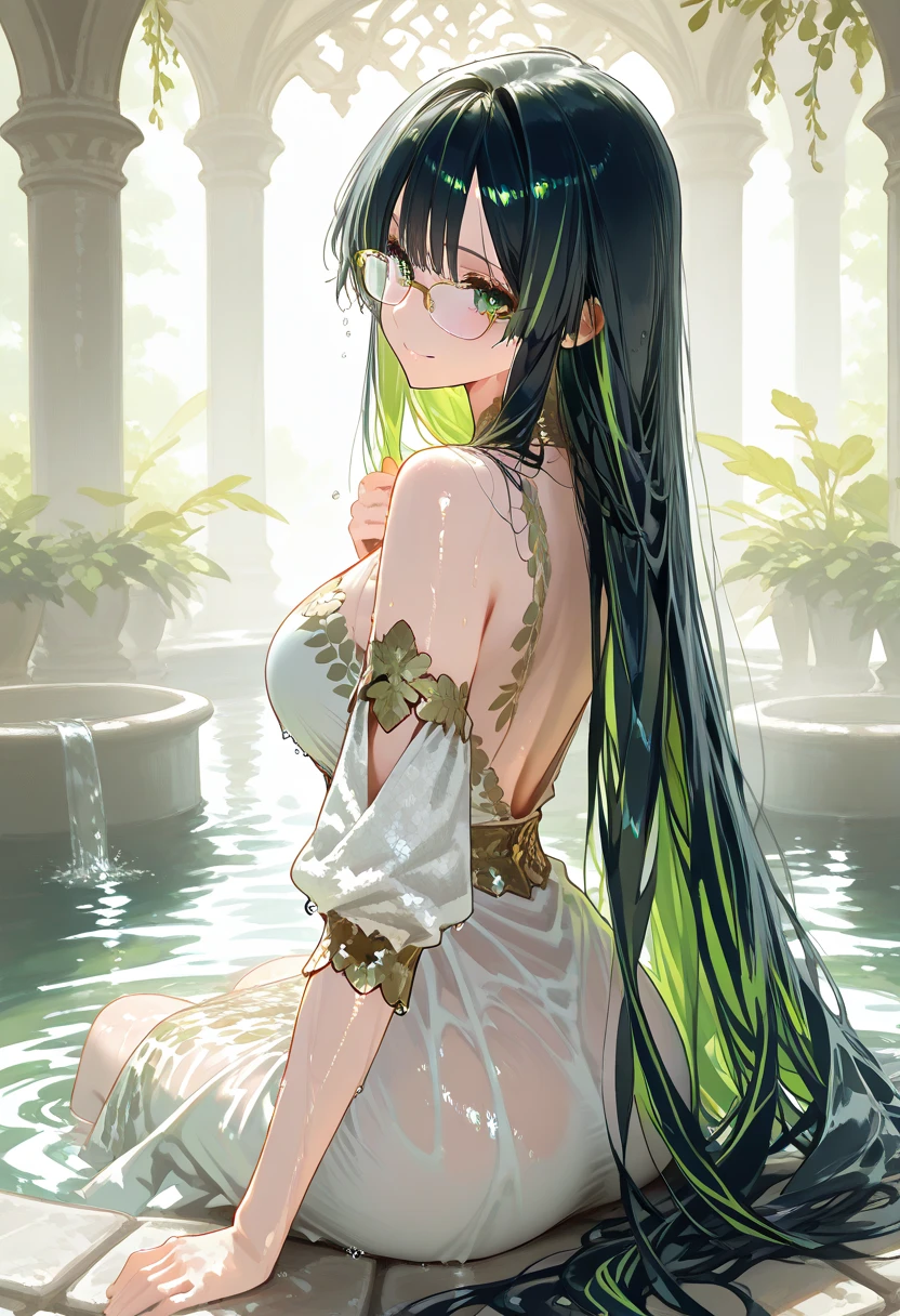 In the forest, a girl, long hair, delicate makeup, green eyes, beautiful facial contours, wet clothes, silk green tights, long skirt, side backlight, translucent, mysterious, sexy, there are also water droplets on the body, damp hair, moist lips, standing in a pool, task focus, low angle,