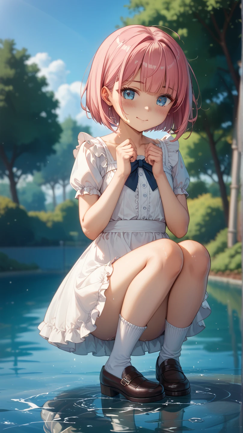 1female, Pink Hair, Green Ball Gown, Curly Hair, White Heels, Elegant Attire, Brown Eyes, Smiling, , High Ranker, Adult Female, Garden, Sitting by a Fountain