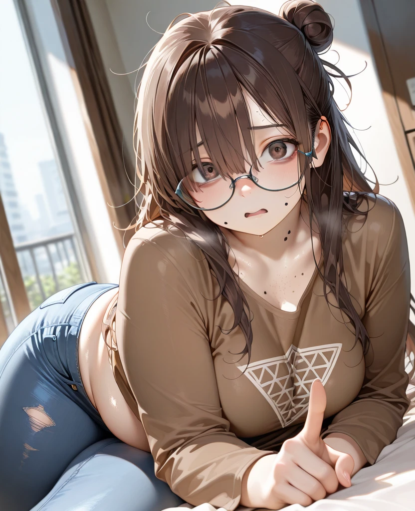 High resolution, high quality, 1 girl, Anime Girls, Brown long hair, Brown eyes, Rimless glasses, Sunburned skin, very beautiful and big breasts, (Big Ass),Beautiful ass,White cardigan,Denim shorts,on the road,