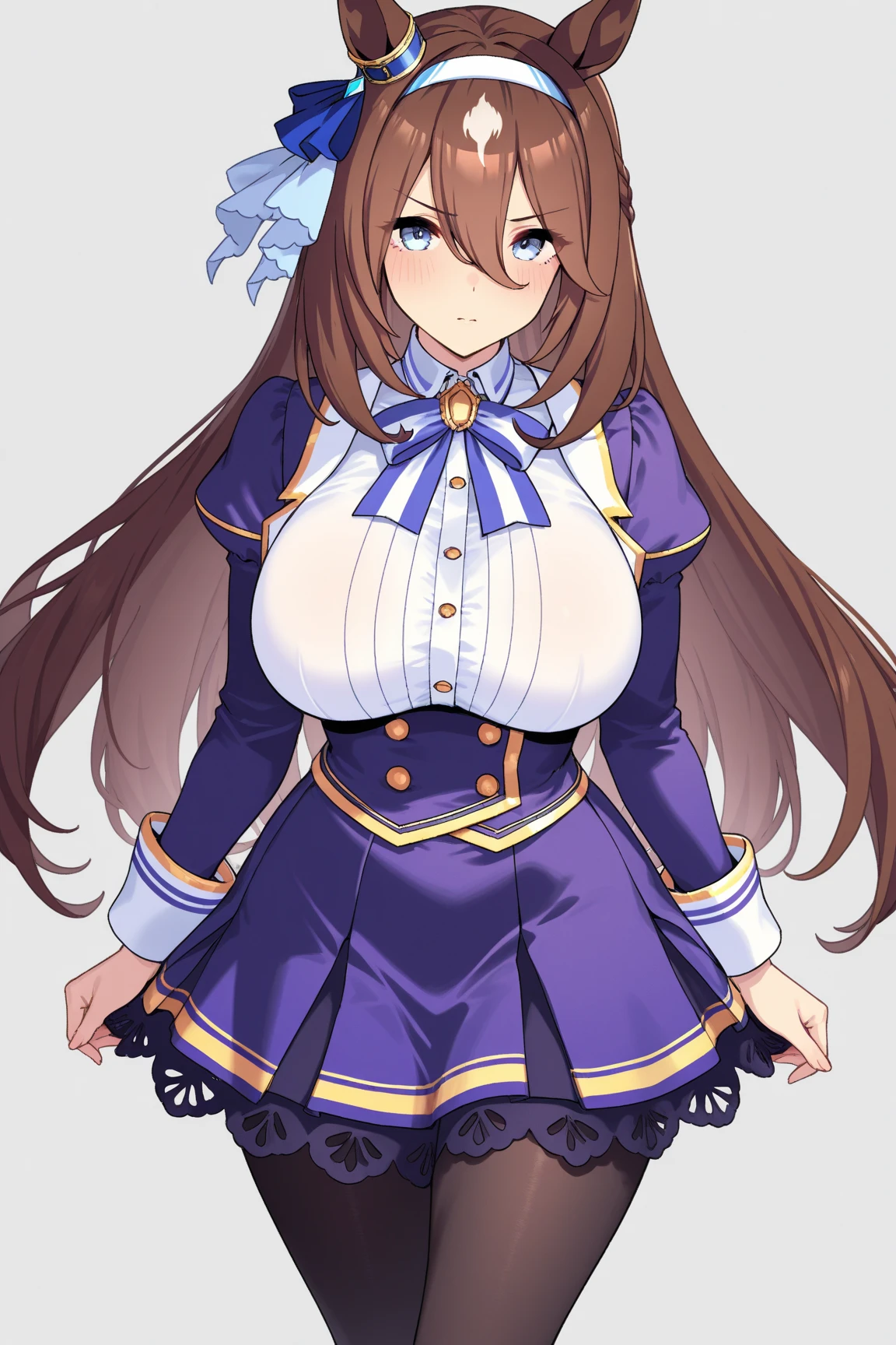 (Mastepiece、Highest quality)、Upper Body、Watching the audience、1girl、kashino、hair_flower_nffsw、Half-closed eyes、Purple eyes、Self-righteousness、:3、Mouth open、Big Tits、(巨大なBig Tits2.3)、White shirt with buttons、 Put your hands on your hips、Arms at your sides、White background、 Plump and big body