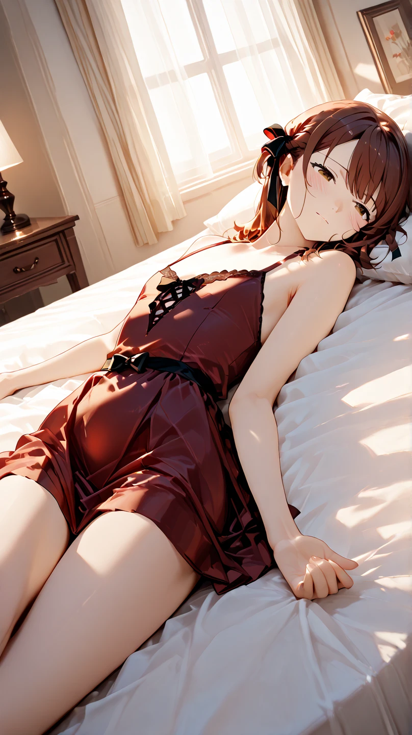 a realistic image of a beautiful woman, Jennifer Anniston, with long, wavy brown hair, wearing red lace lingerie. She is seated on a bed. The background features a romantic setting surrounded with red and white roses, a lamp casting a warm glow, and a framed painting on the wall. The woman has a gentle smile, exuding a warm and inviting presence, with the overall ambiance being cozy and intimate. hyper realistic photo, vibrant colors, 16k