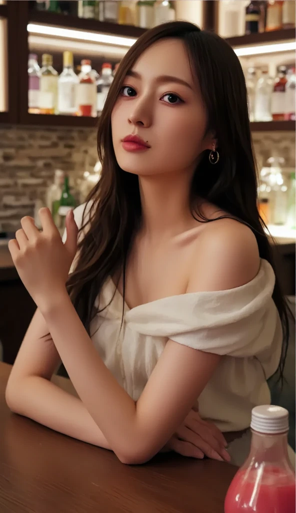 ((1girl)), in naked, instant camera flash, makeup with glossy lip, small breasts, (naked), various angle, ((face focus)), 26 years old, Beautiful Japanese Girl, (nsfw:1.4), realistic light, realistic skin tone, (lift her shirt to show her naked breast:1.4), (in the bar:1.4)