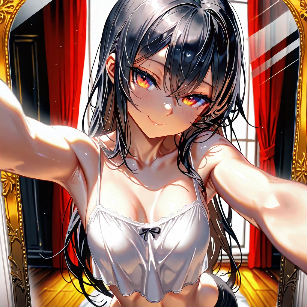 best quality, amazing quality, very aesthetic, absurdres, 1girl, rio (blue archive), blue archive, red eyes, black hair, strapless, (artist official art:1.5), (realistic face), (narrowed eyes), (cowboy shot), (concept art:1.5), panties, (thigh, heart hands, glowing eyes:1.4), expressive eyes, perfect face, 4k, extremely detailed anime illustration, extremely detailed eyes, enhanced details, perfect anatomy, light rays, photo background, extremely delicate body, smooth skin, feminine expression, (black background:1.5), cristal clear eyes, beautiful face, big breasts