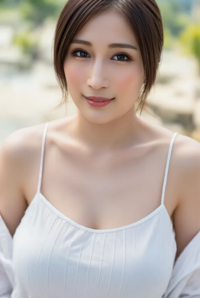 masutepiece, Best Quality, 
Ultra-detailed, finely detail, hight resolution, in 8K,
((Photorealsitic:1.4, Raw photography, 超A high resolution,Top image quality: 1.4)),
Wallpaper, 
((Perfect whole body configuration1.5)), 
Beautiful detailed eyes, Natural Color Lip,
((a serene smile:1.5)),
((Random and cute hairstyles)), 
((rather large breasts:1.2)),
((from the front side:1.5)),
((breastsout、under look eyes、breastsout、Mole on the arm:0.9)),
((Random blurry background)),((the setting sun)),((Big cleavage is visible:1.5)),
((Random and cute facial expressions)),, 
very detailed and professional lighting、
Perfect dynamic composition, Beautiful detailed eyes,((Leaning forward heavily)), ((Cute white underwear:1.6)),((no-bra:1,5)),((Smile,Harajuku)),((Sexy pose with hair up:1.5)),((Sexy shot looking at camera))