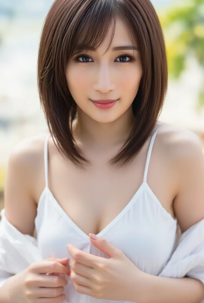 one girl, (a beauty girl, delicate girl:1.3), (16 years old:1.3),light smile,medium hair,dynamic pose, break,((nsfw,nude,open clothes,topless,nipple,Small areola)),jacket,sitting,bench break, very fine eyes, (symmetrical eyes:1.3),(navel), break, (city), perfectly trimmed fingers, break, small breasts, brown eyes, parted bangs, brown hair, break, (eyes and faces with detailed:1.0), break, (masterpiece, best quality, ultra detailed, detailed face, 8k),