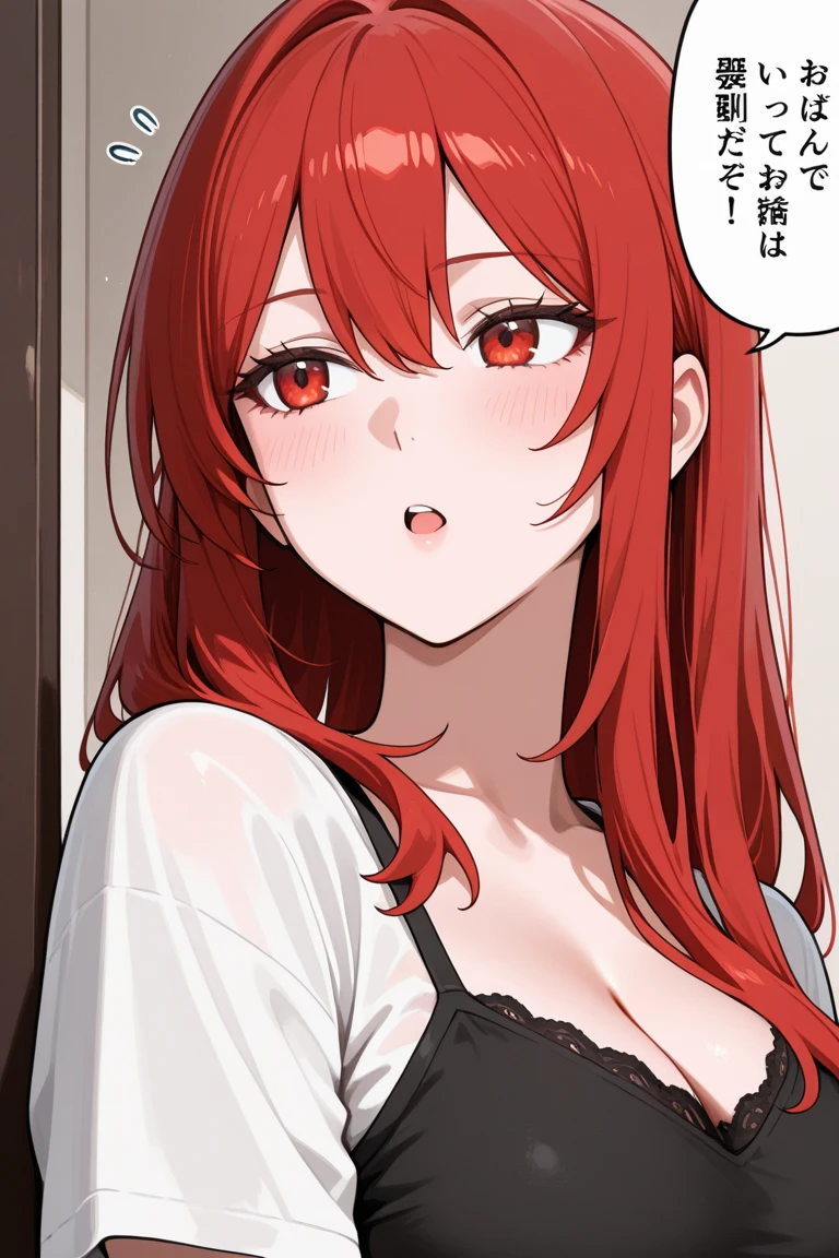 (masterpiece, best quality:1.4), (extremely detailed, 8k, uhd), cinematic shot, natural lighting, ultra highres, vibrant rich colors, (beautiful, aesthetic, perfect, delicate, intricate:1.2), (sharp focus, from front:1.3), eye level shot, 1girl, portrait of a anime girl, young, red hair, (extremely hot, attractive, beautiful, sexy, feminine:1.2) serious expression, provocative serious look, serious eyes, smile, expressive brown eyes, long eyelashes, relaxed,(beautiful detailed face, highly detailed skin, red eyes), gorgeous, breathtaking beauty, seductive, captivating, pale skin, perfect female figure, (slim:0.5), (wearing a dark t-shirt :1.2), (highly saturated lipstick, luscious thick lips), intricate details, daytime, award winning photography, detailed background, volumetric fx, anime, hyper-detailed