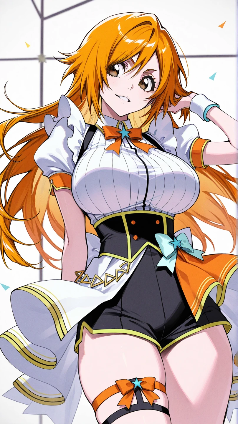 inoue orihime, long hair, orange hair, brown eyes,, Live Stage, Big Breasts, formal dress solo