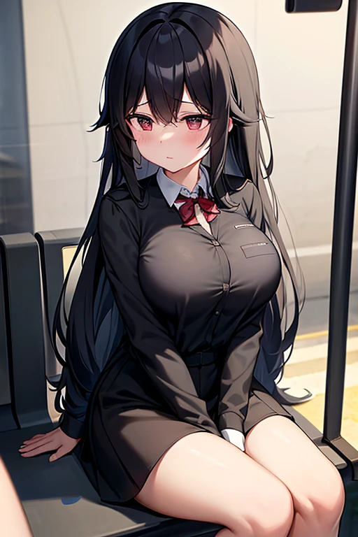 (super fine illustration,8K CG wallpaper,best quality,extremely detailed,ultra high res,best aesthetic),(upper body,chest focus,from above),(1 girl,over 20,beautiful girl,cute girl),(detailed beautiful face,beautiful black eyes,beautiful black hair),(blush),((saggy breast,perfectly shaped areola)),((expose breast,breast out)),(sitting on desk,arms behind back),(office)