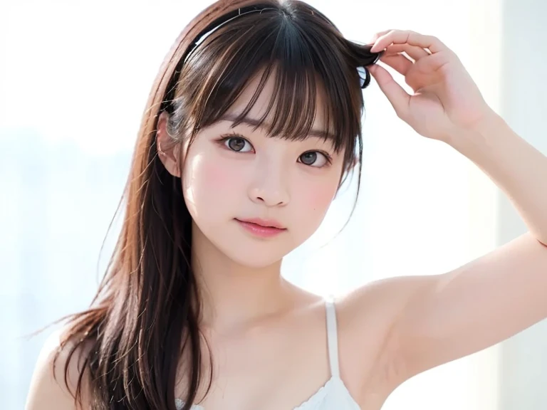 (smile)、(Confused、Highest quality、mysterious、Beautiful and cute、Perfect body balance、Official Art:1.2)、(1 person:1.3)、(Big Breasts:1.2)、Glowing Skin、(nude)、(Shyly:1.3)、(Highly detailed upper body portrait:1.4)、(High Ponytail:1.3)、(Masterpiece portrait)、(Japanese)、(Teenage Girl:1.5)、Brown eyes、Chic Wallpaper、Calm background、Bedroom、Slightly thicker