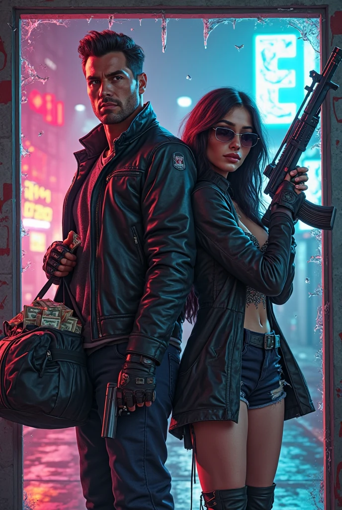 (photorealism:1.2), shirtless man wearing black cargo pants with black boots, holding an AK-47, black bandana, background with a black R34 car with red neon lights, and a girl next to him wearing a black shirt, black cargo pants, black boots, holding an M4, black bandana, both with tattoos, the girl with Japanese-style tattoos on her arms and chest, and the guy with Japanese-style tattoos on his arms and other tattoos on his chest.