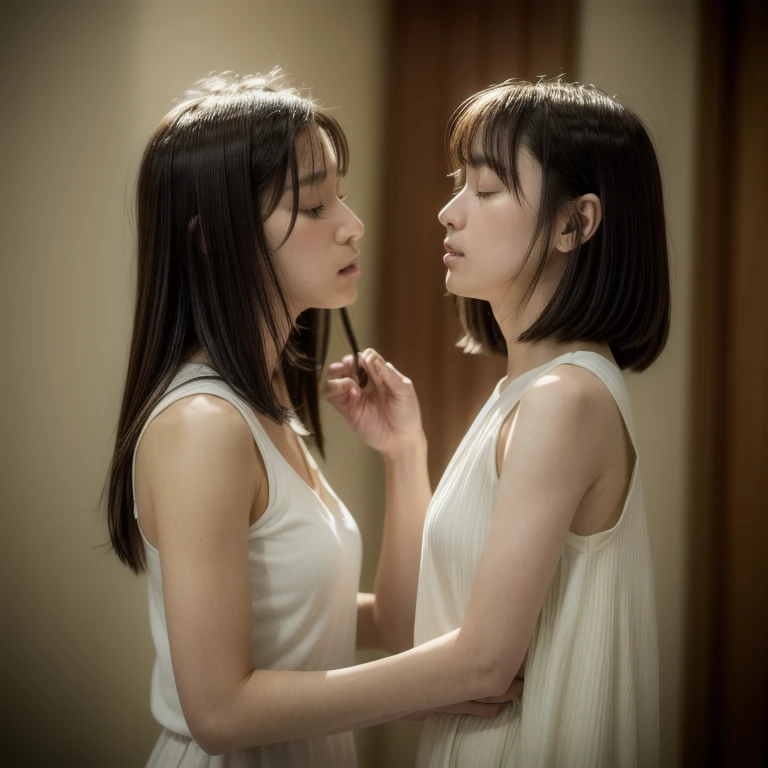 ((Wet and messy hair after a bath)),A 60-year-old mature housewife standing in the bedroom entrance wearing a thick white bathrobe without underwear,Skin that is wet and dripping with water,Voluptuous body,Sexual frustration,Saggy breasts,(Highest quality, 8k, masterpiece: 1.3)), Highly detailed face and skin texture,Japanese, (One person),Skin pores,Black Hair,Dark Eyes,
