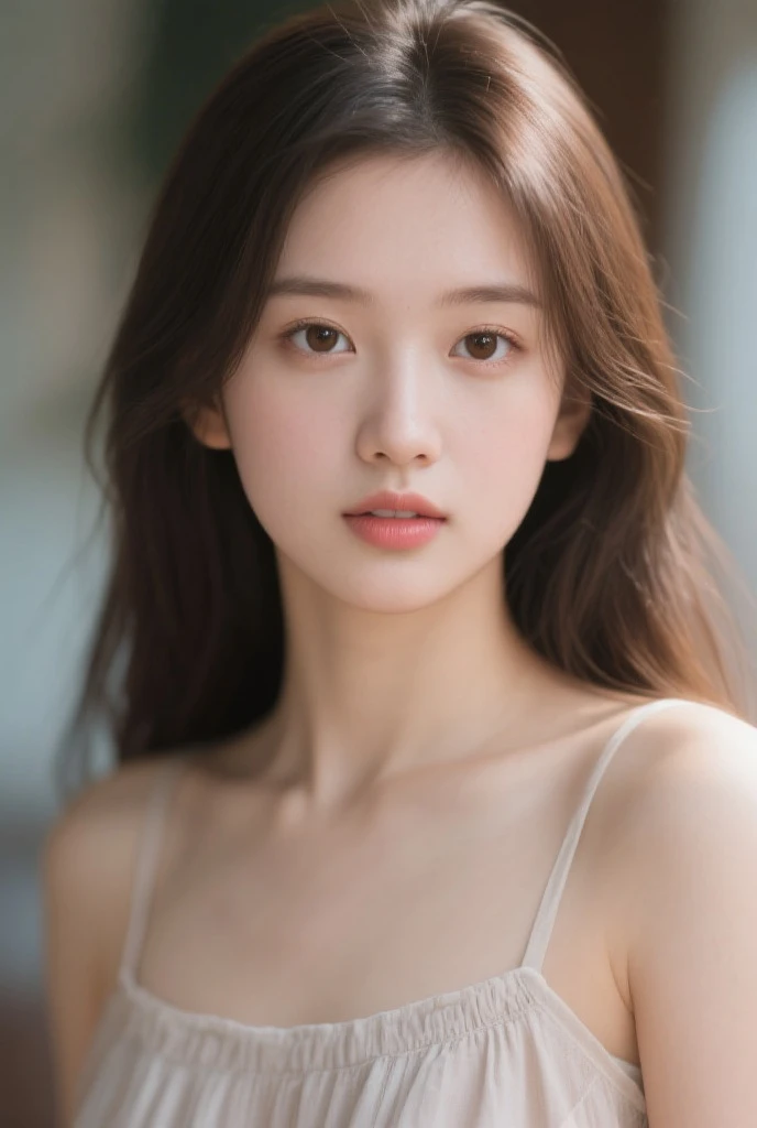 filmg, film portrait photography, 1girl, bare shoulders, wavy shoulder-length hair, serene, calm, (realistic detailed eyes, natural skin texture, realistic face details), soft dramatic lighting, depth of field, bokeh, vibrant details, finely detailed, hyperrealistic, 35mm film, hazy blur