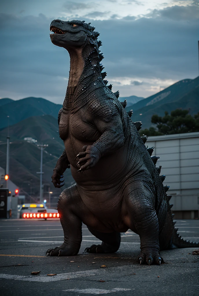 Crea una imagen de Godzilla bien epica en una ciudad y q Godzilla este caminando hacia un mountro mucho mas gigante que el