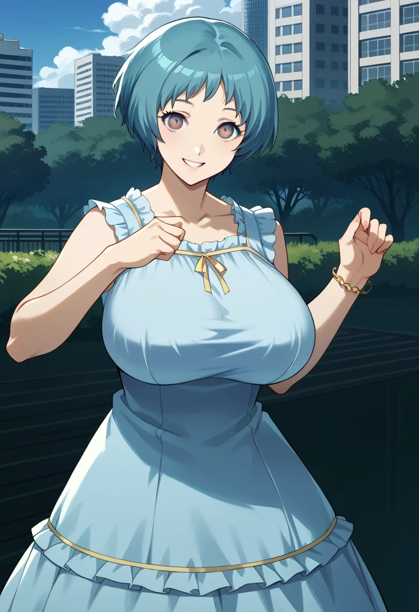 score_9, score_8_up, source_anime
(masterwork, masterpiece, best quality, hyper-detailed :1.2),
1 girl, solo, cute face, cute pose
p3fuuka, yamagishi fuuka, short hair, aqua hair, gray eyes,
p3fuuka-sumcas,dress, blue dress, sundress, casual, bracelet
outdoors, cityscape, trees, greenery, standing, cowboy shot, looking at viewer, smile,gigantic breasts