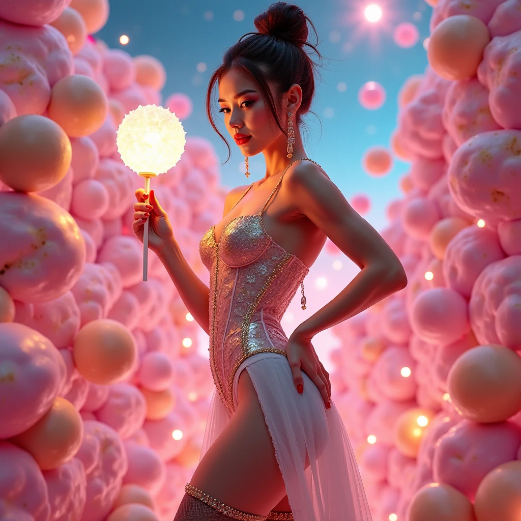 A captivating surreal photorealistic image of a playful naked Asian girl, captured at hip level. She is dressed in a stylish transparent net Chanel outfit, wearing a mini-slip made of colorful squares. The Ilfochrome photography technique adds a dreamy and vibrant quality to the scene. The girl's carefree attitude and the fashionable attire create an air of sophistication and whimsy, while the background's surreal elements further enhance the image's captivating appeal.