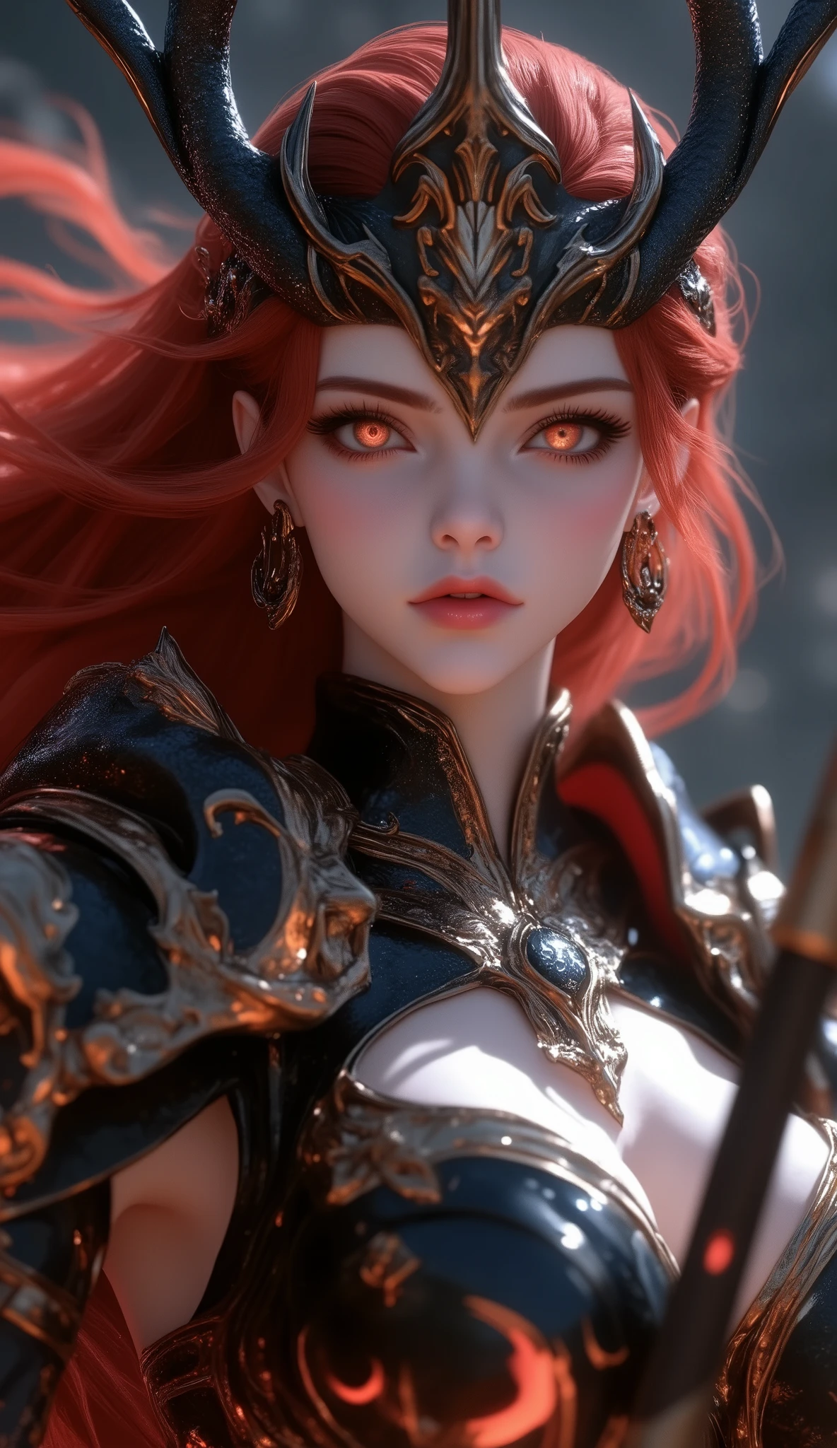 1girl, beautiful detailed eyes, beautiful detailed lips, extremely detailed face and eyes, long flowing red hair, hair blowing in the wind, commanding an army, realistic Leviathan armor, trident, 3d anime style, sea monster army, best quality, 4k, 8k, highres, masterpiece:1.2, ultra-detailed, realistic, photorealistic, photo-realistic:1.37, HDR, UHD, studio lighting, ultra-fine painting, sharp focus, physically-based rendering, extreme detail description, professional, vivid colors, bokeh