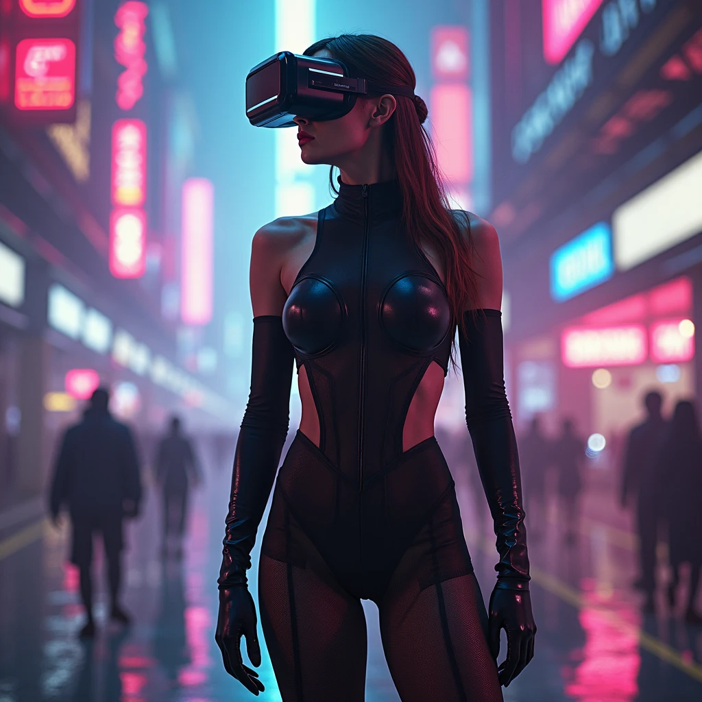 Generate an ultra-realistic 4K image of a female protagonist entering a bustling cyberpunk street at night. She’s wearing a high-tech outfit with neon accents and a futuristic visor. The street is vibrant with 1980s retro elements like neon lights and VHS-style holograms. She is looking around in awe as she encounters the neon-drenched environment filled with bustling crowds, advanced tech displays, and retro-futuristic architecture