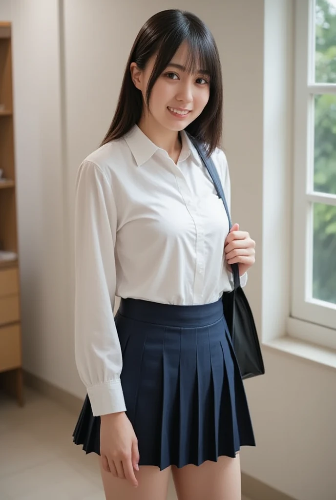 nsfw,(tanned skin:1.3), japanese 2girls,white shirt,mascular and curvy thighs,(adult thick body), ,18 years old,at classroom,black short hair,smile,navy checked pleated skirt,lifted up skirt,18 years old,white panties,spreading legs,