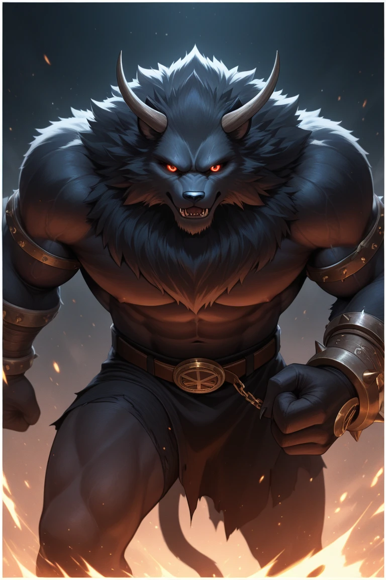 masterpiece, Best quality, A high resolution, fantasy, adult male werewolf, shows sharp fangs and grins, brunette with short hair and shaved temples, with scars on the body and face, with yellow wolf eyes and wolf ears, full length, with a wolf tail