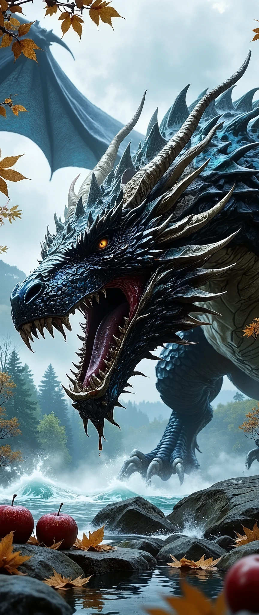 Low angle, looking vertically up at the figure of the huge final antagonist in full growth — a huge terrifyingly beautiful fantastic dragon covered with iridescent mirrored holographic scales, brightly shimmering in the sun. A drunken, satisfied dragon eats frozen red apples in an orchard in late autumn.The mouth is open. There are pieces of apples in his mouth. Steam billows from the nostrils of a terrifying huge dragon. The dragon's transparent, serpentine amber eyes are narrowed with pleasure. Apple juice flows down his huge muzzle. The toothy mouth is full of apples. Apples are all around. On the half-fallen branches of old gnarled apple trees, on the frozen grass, sometimes covered with snow. The monster is as relaxed as possible and ready to fall asleep. The huge fantastic dragon looks both organic and delightfully predatory: a long, curved head with moist, smooth, shimmering scales. The body is elongated, with powerful, thick-clawed paws. The back is covered with spikes or tubular processes that emit steam. Webbed mother-of-pearl wings flutter in the strong autumn wind. The background is a beautiful autumn garden. Wooded hills and a knight's castle are visible in the distance. The sky is bluish-blue, autumnal, and autumn leaves are flying everywhere. The lighting is natural: Backlit, with side lighting. Dynamics: A long scaly tail curled in rings, a hint of movement. Style: cinematic, fantasy, stylized. detailed design. Stylized, semi-realistic, highly detailed digital art.