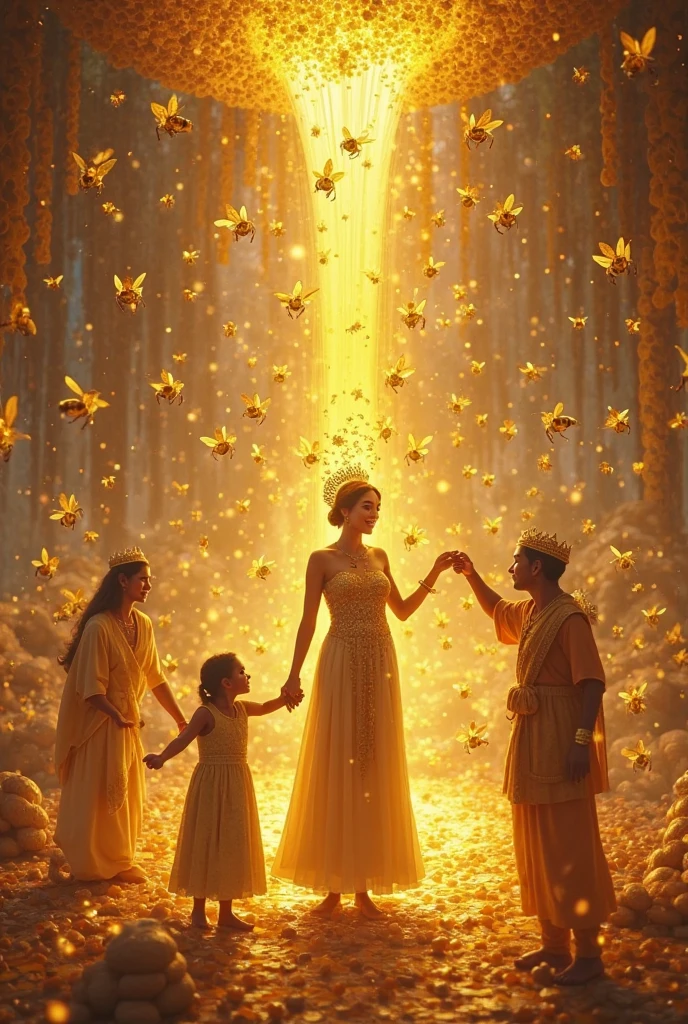 Magical Mom with her children, boy and girl surrounded by Light, portals of light, and sparks of light, colors in the image: beige, dorado, Brown, orange, white, pale pink, 