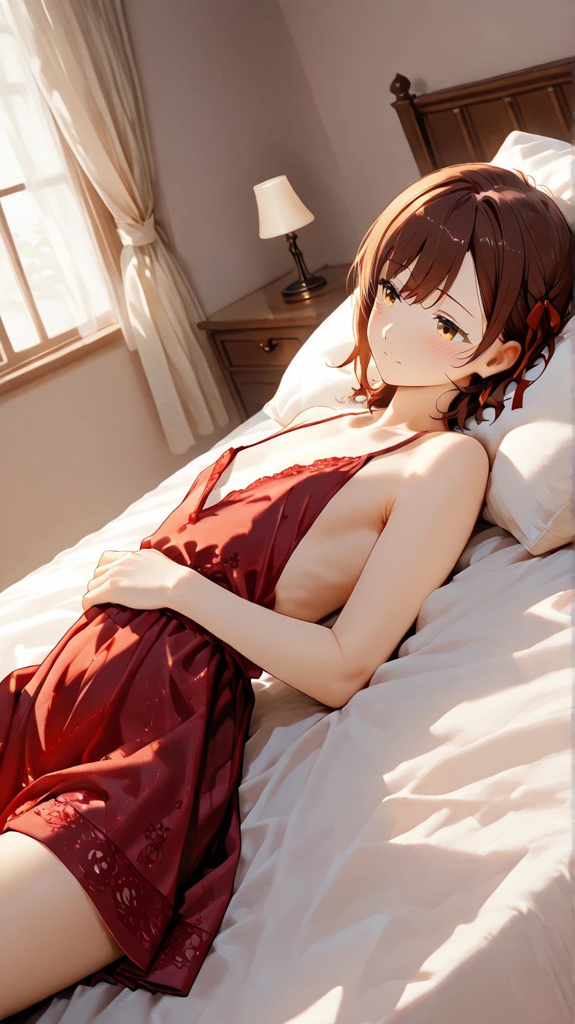 top-quality、high-level image quality、1girl in,A dark-haired、Twin-tailed、Red Eyes、Red cheeks、Pink-cheek color:1.3、Shy gesture、小柄、Pink yukata:1.5、Shoulder out:1.2、beauty legs、open one's legs、natta、Dark hotel room、Dark lighting、lying on the bed:1.7、View here、Angle from diagonally above、Background blur、​masterpiece