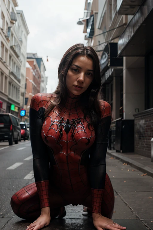 brunette women, perfect body, 16k,8k,4K,HD,UHD, on the streets, wearing Spider-Man cosplay, atmospheric scene,  rear view, masterpiece,