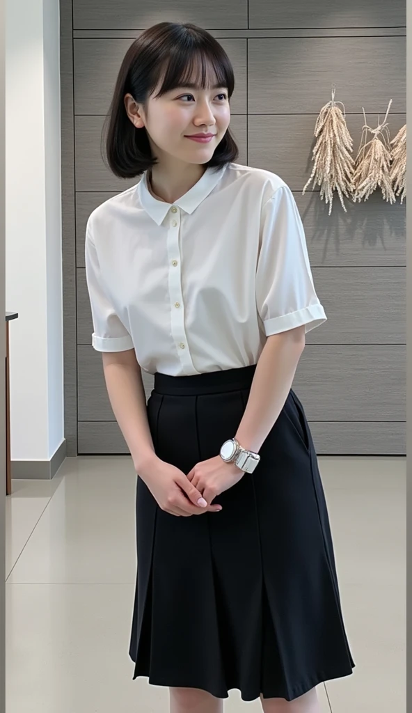 One girl, wearing short sleeve blouse, wide pants, wide pants, short hair, 20-year-old Japanese, beautiful, cute face, pretty face, neat, smiling, 8-head body, height 165cm, weight 48kg, bust 83cm, waist 60cm, hips 82cm, Small breathts, Living in Hiroshima City, A college student aspiring to become a model, (((full body))), full face