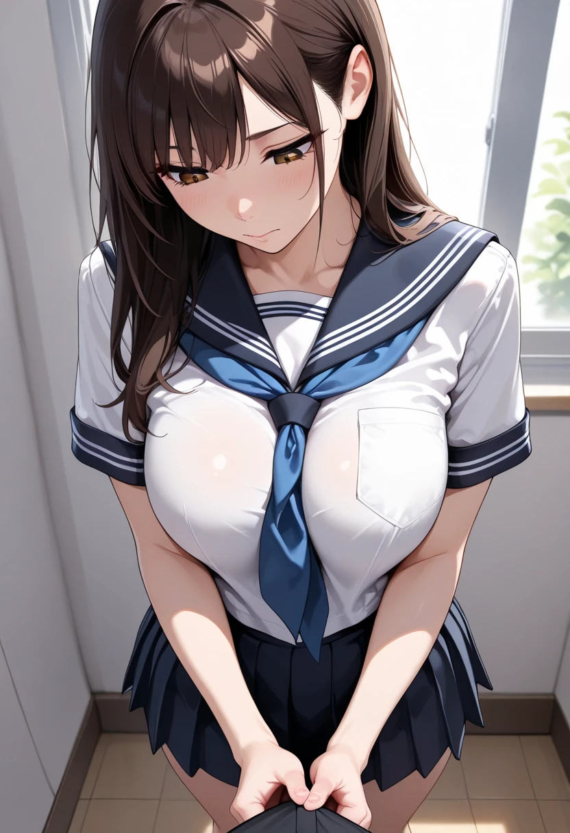 (masterpiece,Highest quality,High resolution,Realistic:1.2),(One girl:1.5),((Skinny and Japanese schoolgirl:1.3), (white short sleeve sailor uniform:1.2), (Navy blue short no pleats),(Her skirt flips up and her cute panties are on full display:1.2)),(Blushing and embarrassed smile:1.2),(Bobcut, Brown Hair:1.3),(Abdominal muscles:1.2),(Head to waist photo:1.5),,(School corridor:1.3), (Camel Toe:1.3), Lifting her clothes to show her 1.2 No underwear 1.2 Nude 1.2 Not wearing a skirt1.2
