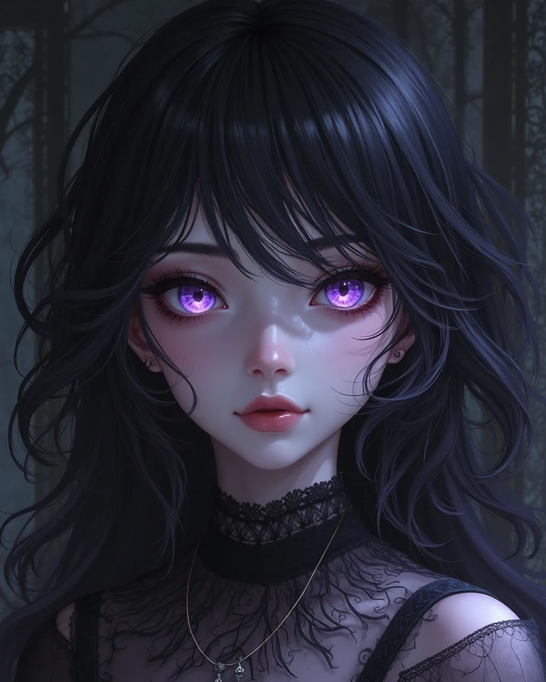 Vampire girl with bangs, violet eyes dark background