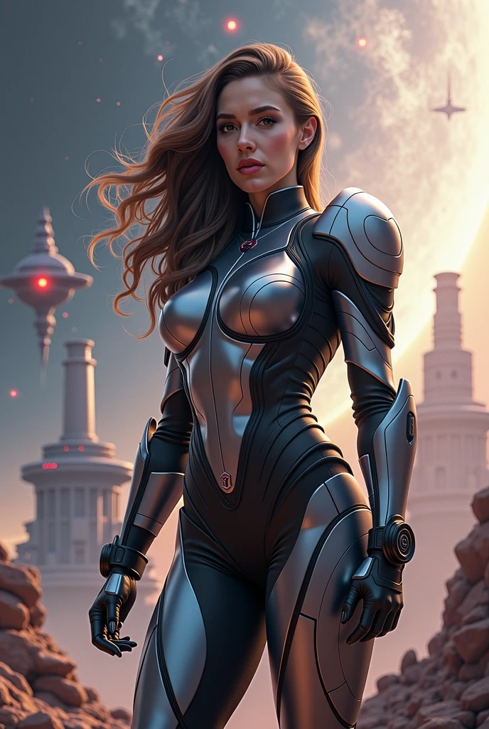 Masterpiece Photography Ultra Realistic Description: Natalie Portman, the talented and mesmerizing actress, captivates in this hyper-realistic 4K photograph. She defies expectations by wearing a sleek, futuristic bodysuit, standing on the edge of a cliff overlooking a vast, alien landscape with towering rock formations and swirling cosmic phenomena. The unexpected fusion of futuristic fashion and extraterrestrial scenery creates a visually captivating composition. With her intense gaze and confident posture, she exudes a sense of strength and determination. The hyper-realistic portrayal captures the intricate details of the bodysuit and the awe-inspiring alien landscape, evoking a sense of exploration and otherworldly allure